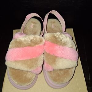 UGG Disco Stripe Slide Sandals Fuzzy Plush in Pink and Tan USA 9 UK 7 EU 40 NEW